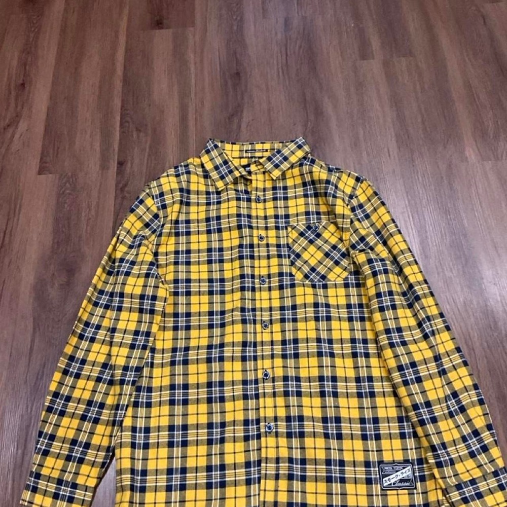 Smoke Rise yellow and navy blue plaid cotton flannel shirt